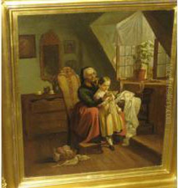 Interior Scene With An Elderly Woman And Child Sewing Oil Painting by Fritz Paulsen