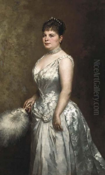 Portrait Of An Elegant Lady Wearing A White Evening Dress Oil Painting by Fritz Paulsen