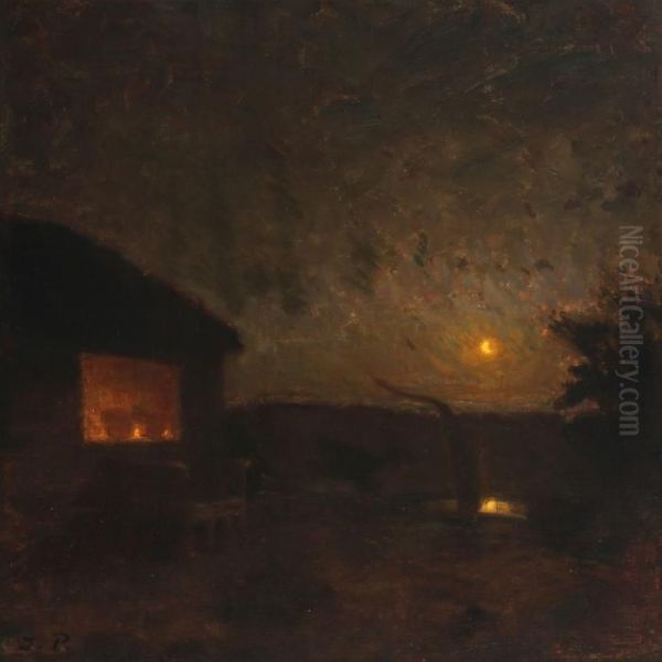 Landscape With House In The Moonlight Oil Painting by Julius Paulsen