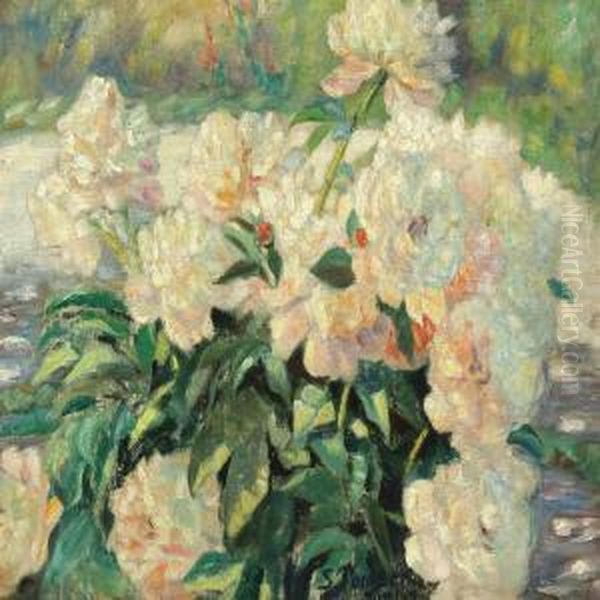 Garden Scenery With Peonies Oil Painting by Sophus Paulsen