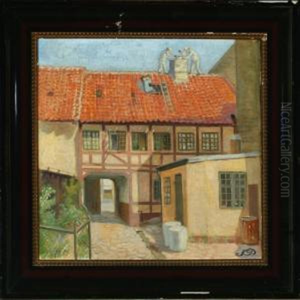 Exterior From Odensewith Workers On The Roof Oil Painting by Sophus Paulsen