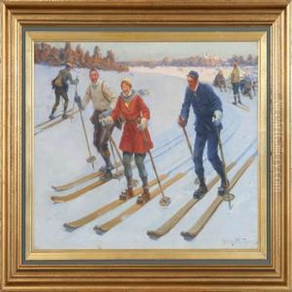 Skiers On A Sunny Winter Day. Signed Leonh. Paulus Oil Painting by Leonhard Paulus