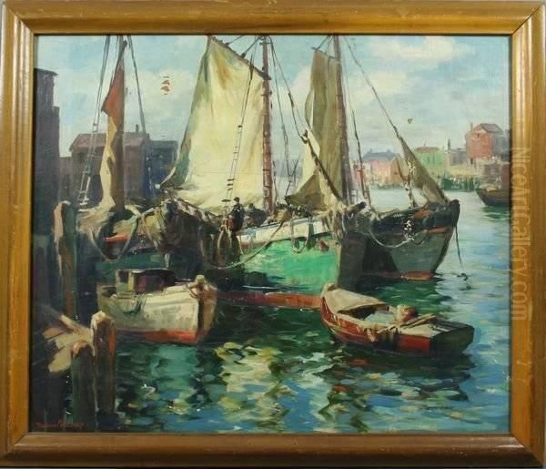 Boats In Harbor Oil Painting by Vladimir Pavlosky