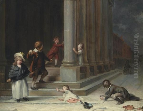 Children Playing In The Snow In Front Of The Portico Of St. George's Church, Hanover Square Oil Painting by Richard Morton Paye