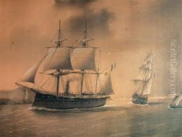  Navire De Guerre Mixte Croise Par Un Trois-mats Sous Voile  Oil Painting by E. Payen