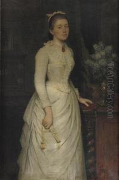 Portrait Of A Young Lady, Standing Full-length, In A White Dress, Holding A Fan And A Book Oil Painting by Ernst Payer