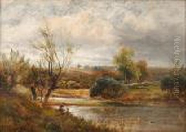 The Trent Near Ingleby, With Two Boys Fishing On The Bank Oil Painting by David Payne