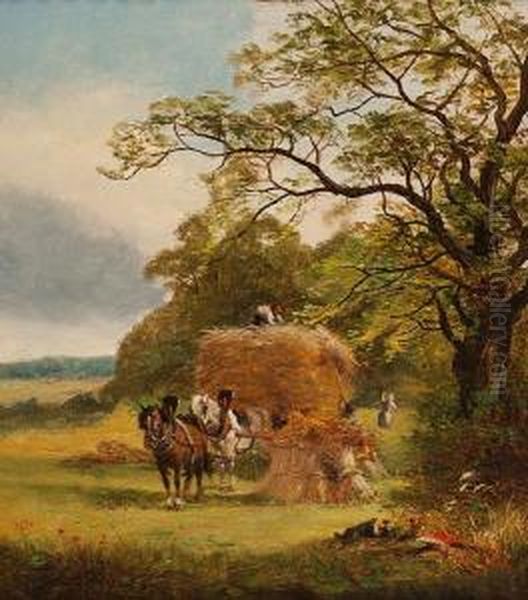 Haymaking, Figures Loading A Hay Cart Oil Painting by David Payne