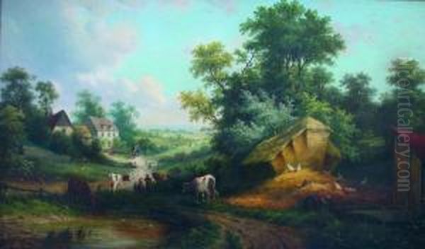 A Country Scene With Figures And Animals By A Farm Oil Painting by David Payne