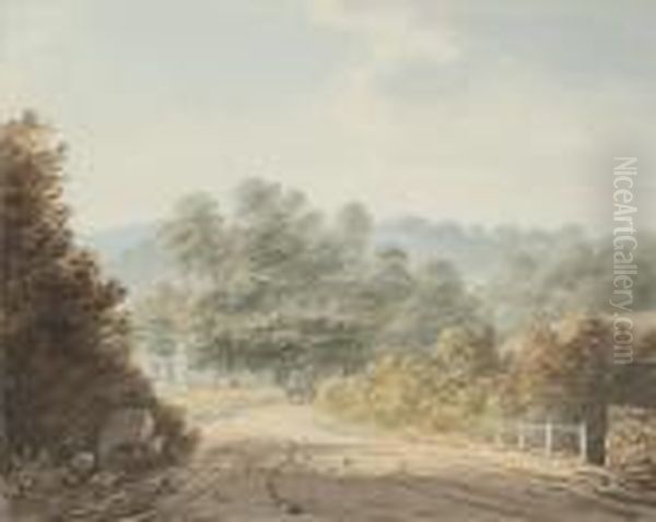 A Figure With Horses Before The Gates Of A Country House Thought To Be At Manadon Oil Painting by William Payne