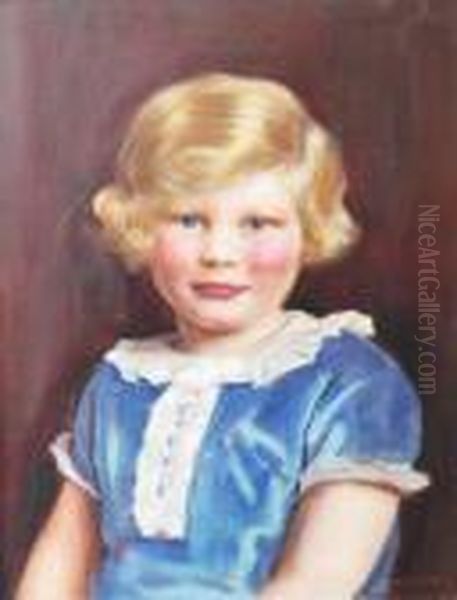 Portrait Of A Young Girl In Blue Dress. Signed. Oil Painting by Ralph Peacock