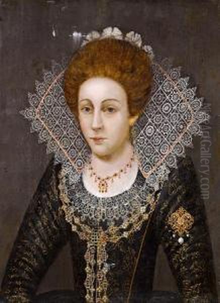 Portrait Of A Lady, Half-length, In An Embroidered Black Dress, A White Lace Collar, A Gold Necklace And A Gold Brooch by Robert Peake