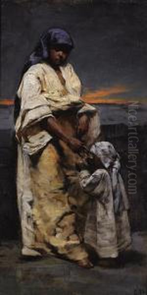 Mother And Child, Evening Desert Oil Painting by Charles Sprague Pearce