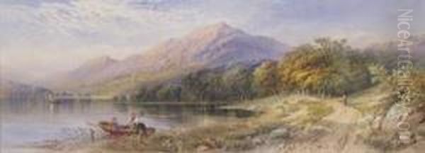 Figures In A Boat Beside Loch Katrine Oil Painting by Cornelius Pearson