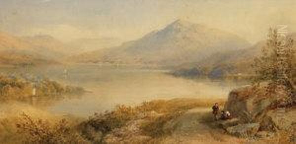 Figures Resting By A Mountain River Landscape Oil Painting by Cornelius Pearson