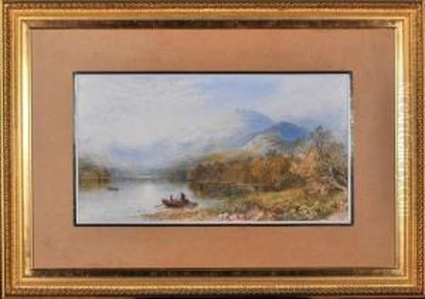 Anglers In A Boat Setting Out From The Bank Of A Lake Oil Painting by Cornelius Pearson