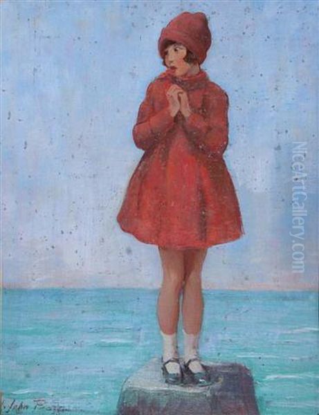 A Young Girl Wearing Red Coat And Bonnet Standing Upon A Coastal Rock Oil Painting by Harry John Pearson