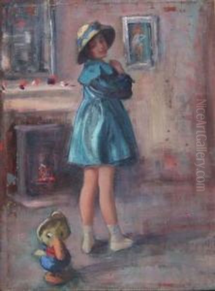 Interior Scene With Young Girl And Toy Duck Standing Beside A Fireside Oil Painting by Harry John Pearson