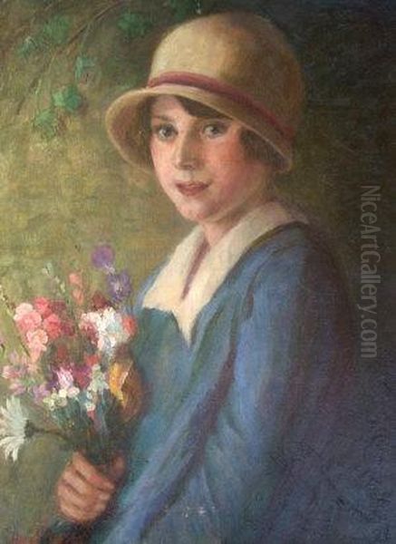 Portrait Of A Girl, Half-length In A Blue Dress Holding A Bouquet Of Flowers Oil Painting by Harry John Pearson