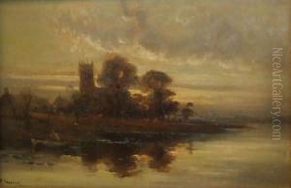 River Landscape With Figure In A Boat By A Church Oil Painting by Robert Pearson