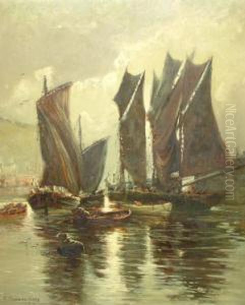 Fishing Vessels At The Entrance To A Harbour, Possibly Whitby Oil Painting by Robert Pearson