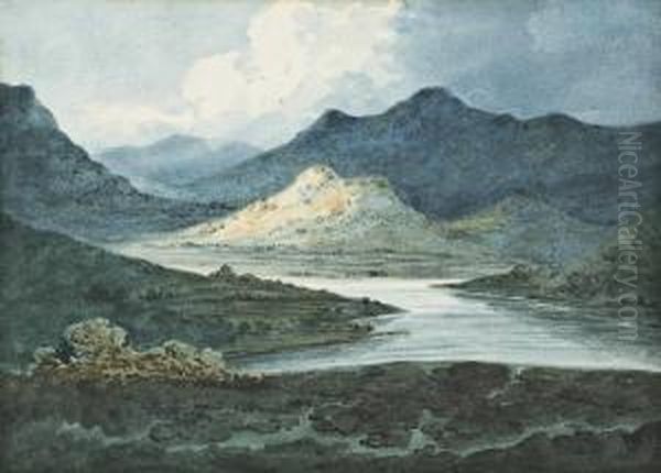 Sunrise Over The Lake District Watercolour With Scratching Out Oil Painting by William Pearson