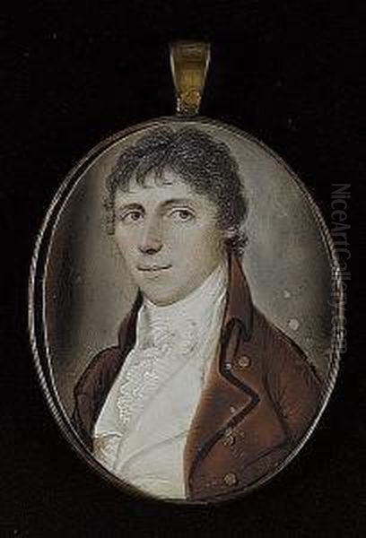 A Gentleman, Wearing Brown Coat, White Waistcoat, Frilled Cravat And Tied Stock Oil Painting by Thomas Peat