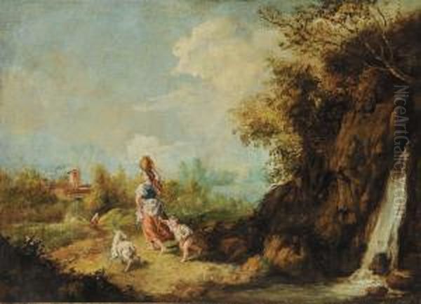 Paesaggio Con Cascatae Portatrice D'acqua Oil Painting by Domenico Pecchio