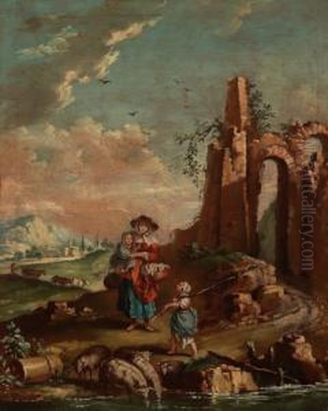 Coppia Di Paesaggi Con Antiche Rovine Oil Painting by Domenico Pecchio