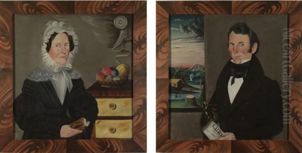 A Gentleman With A Newspaper And Landscape And A Lady With A Book, Painted Chest And Bowl Of Fruit: A Pair Of Portraits Of Mr. And Mrs. John Calhoun Of Chicago Oil Painting by Sheldon Peck