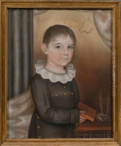 Portrait Of A Boy Holding A Book And A Pen Holder. Oil Painting by Robert Deacon Peckham