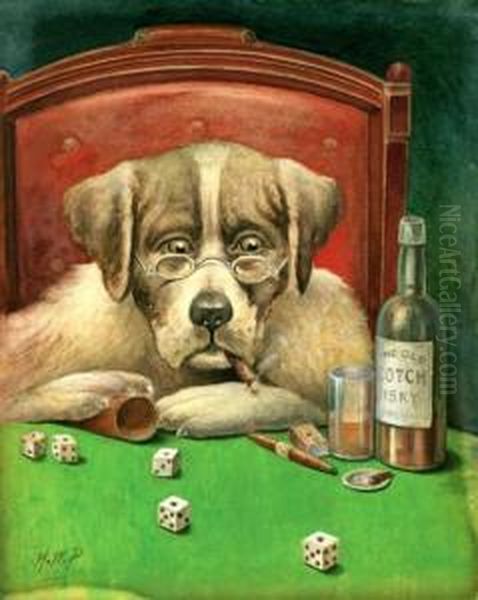 Judge St. Bernard Playing Dice Oil Painting by Henry W. Peckwell