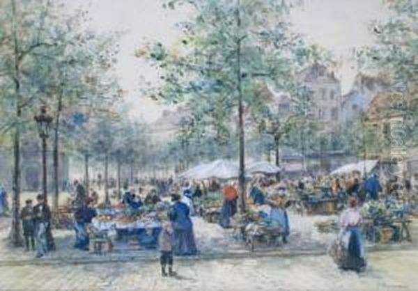 La Place Du Marche Oil Painting by Alphonse Pecquereau