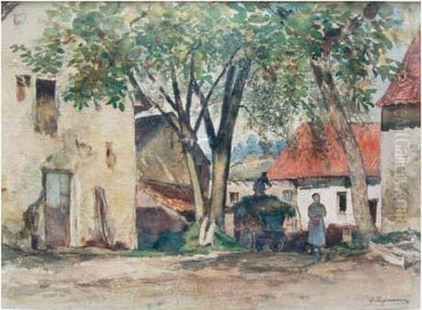 Une Ferme Oil Painting by Alphonse Pecquereau