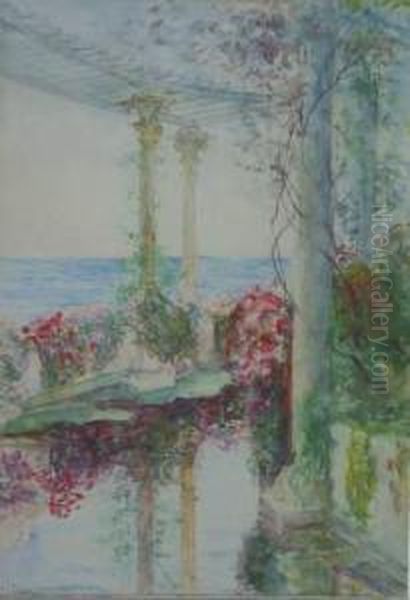 Blick Von Einer Blumenumrankten Terrasse Auf Das Meer Oil Painting by Hans Dan Peder