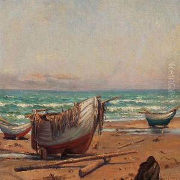 Coastal Scene With Boats On The Beach by Holger Topp Pedersen