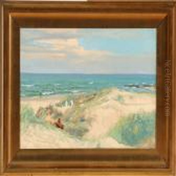 Summer Day On Abeach At The North Sea Coast Oil Painting by Holger Topp Pedersen