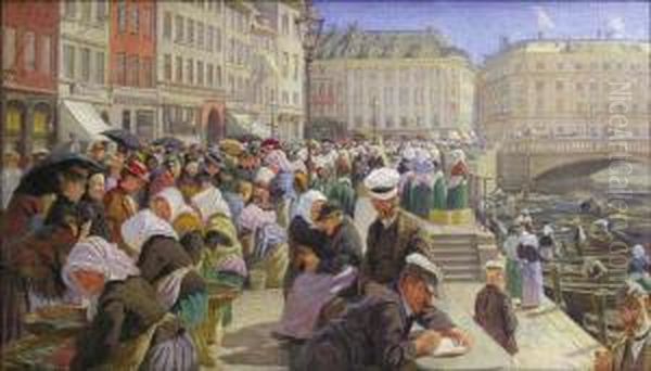 Copenhague, Le Marche Aux Poisson Oil Painting by Ole Pedersen