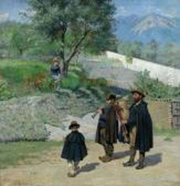 Corsican Musicians And Children In A Mountain Landscape Oil Painting by Ole Pedersen