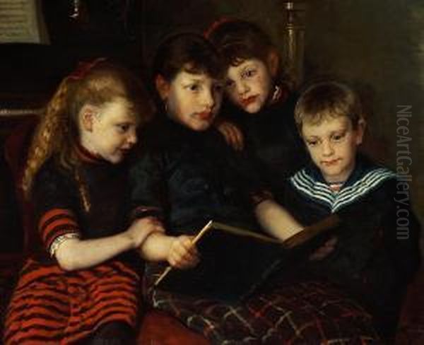 The Older Sister Is Reading A Story To Her Three Younger Siblings Oil Painting by Ole Pedersen