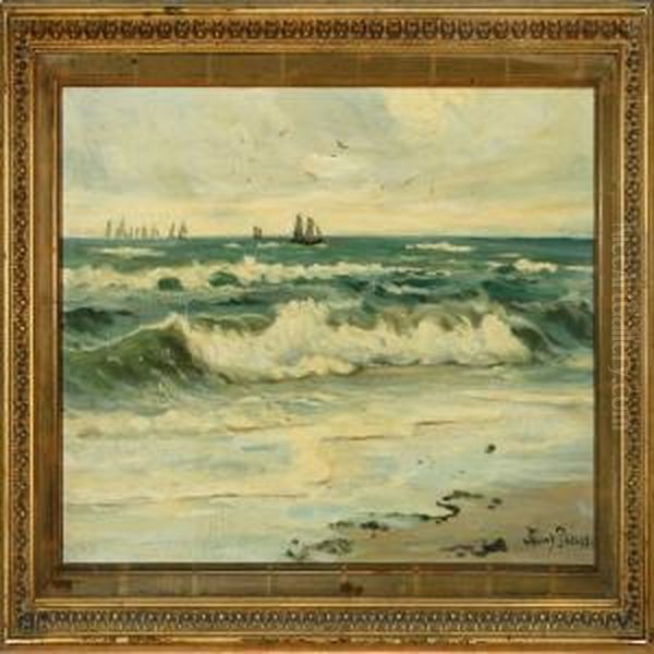 Sea Shore Withsailing Ships At Sea Oil Painting by Thorolf Pedersen