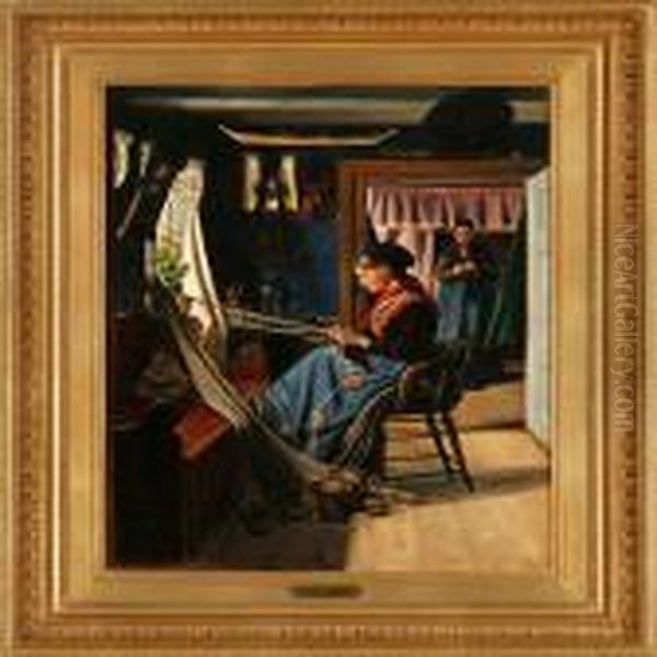 Interior With A Younggirl Mending A Fishing Net Oil Painting by Thorolf Pedersen