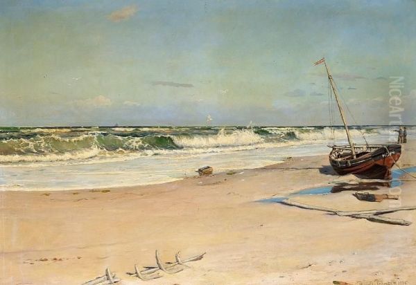 A Beach Scene With Two Fischermen Gazing At The Sea Oil Painting by Thorolf Pedersen