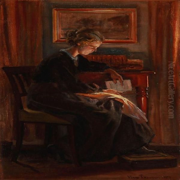 Interior With A Woman Reading Oil Painting by Viggo Christian Frederick Pedersen