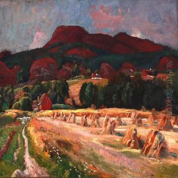 Harvest Landscape From Sweden Oil Painting by Viggo Christian Frederick Pedersen