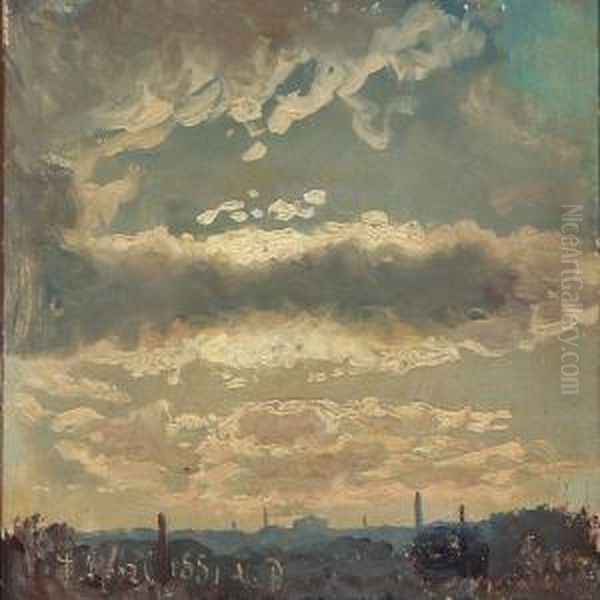 View Over A City With Sunlit Clouds, Presumably In Italy Or France Oil Painting by Viggo Christian Frederick Pedersen