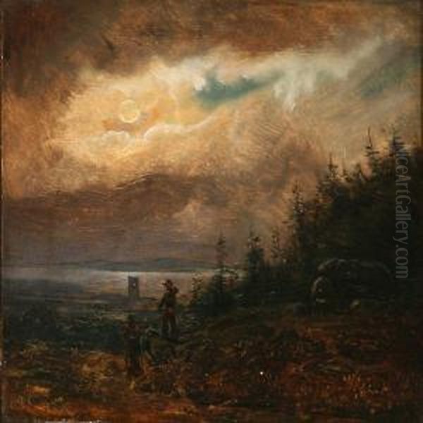 Evening Landscapewith Two Persons Walking Oil Painting by Vilhelm Thomas Pedersen