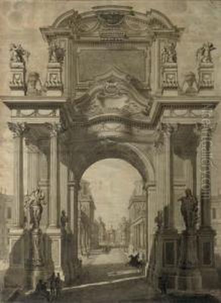 An Architectural Capriccio With A Triumphal Arch: Study For A Frontispiece Oil Painting by Maurizio Pedetti