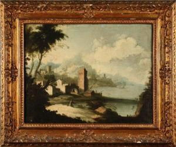 Paesaggio Portuale Con Case, In Primo Piano Figura Di Pescatore Oil Painting by Bartolomeo Pedon