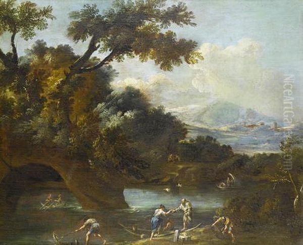 A Wooded Landscape With A Fisherman Drawing Inhis Catch, Other Figures Loading A Rowing Boat And Other Vessels Ona River With Mountains Beyond Oil Painting by Bartolomeo Pedon